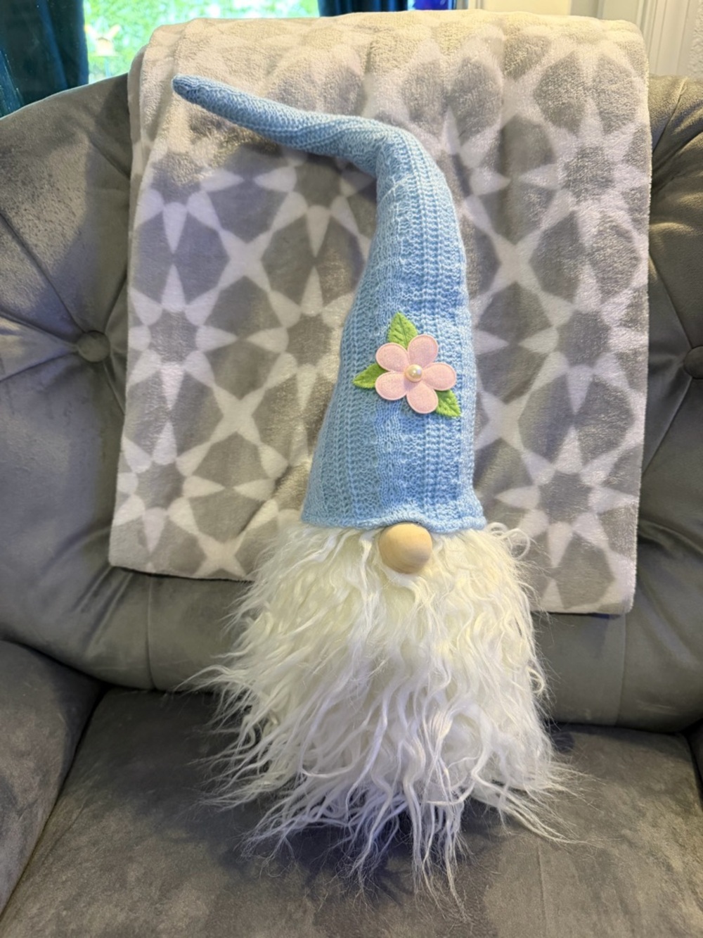 Light Blue Knit Gnome Hat with Pink Flower Accent - Holiday Home Décor